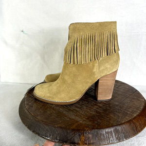 NEIMAN MARCUS Booties Women's Size 7.5 Avale Tan Leather Suede Fringe Block Heel